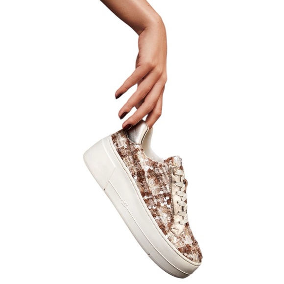 Dune London Episode 331 Beige Fabric Sequin Chunky Platform FlatForm Sneakers 10 - Picture 1 of 15